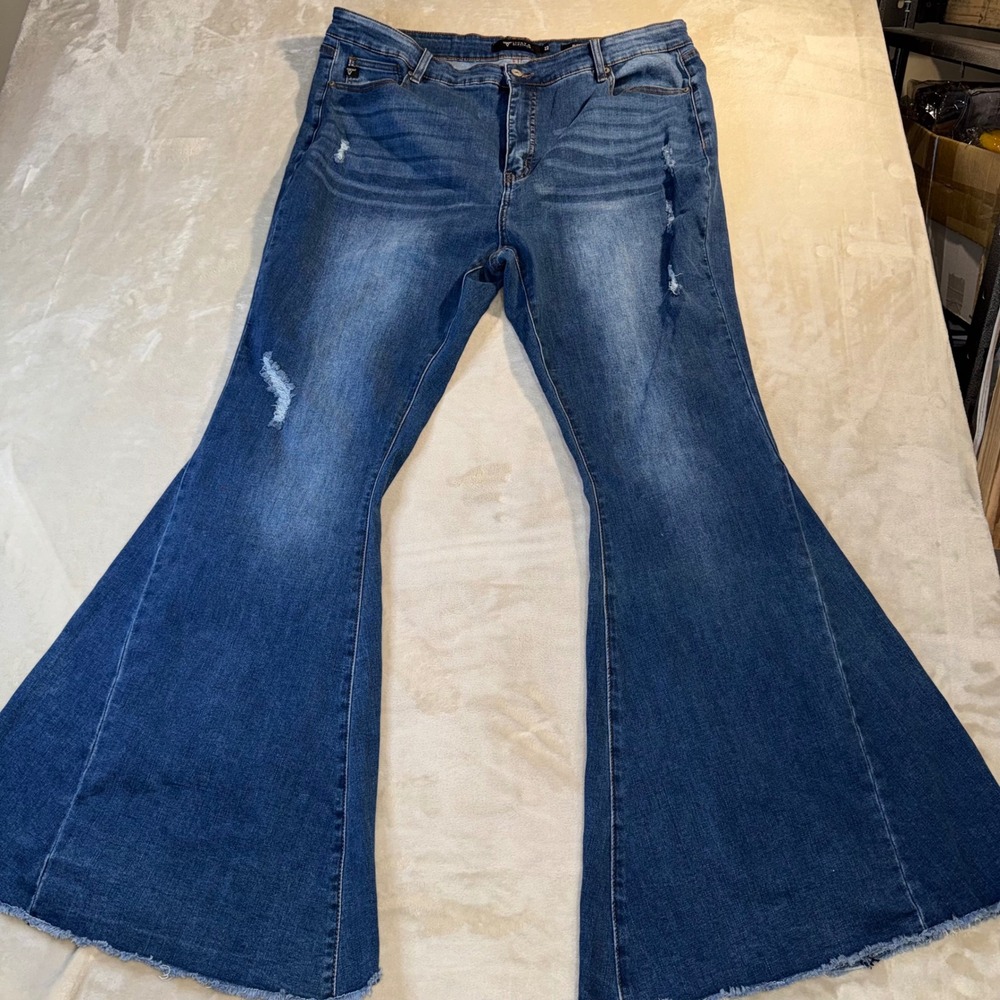 Lucky & Blessed Flare Fit Distressed Bell Bottom Jeans Medium Wash Size 22